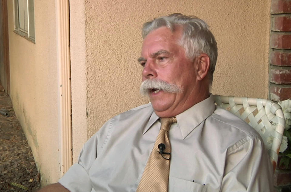 In this frame grab from a video made on Wednesday, Sept. 12, 2012, Steve Klein, an insurance agent and Christian activist involved in "Innocence of Muslims," a film denigrating Islam and the Prophet Muhammad that sparked outrage in the Middle East, speaks during an interview at his office in Hemet, Calif. (AP Photo/Gillian Flaccus)