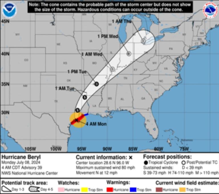 La trayectoria prevista para el ciclón tropical Beryl en los próximos días