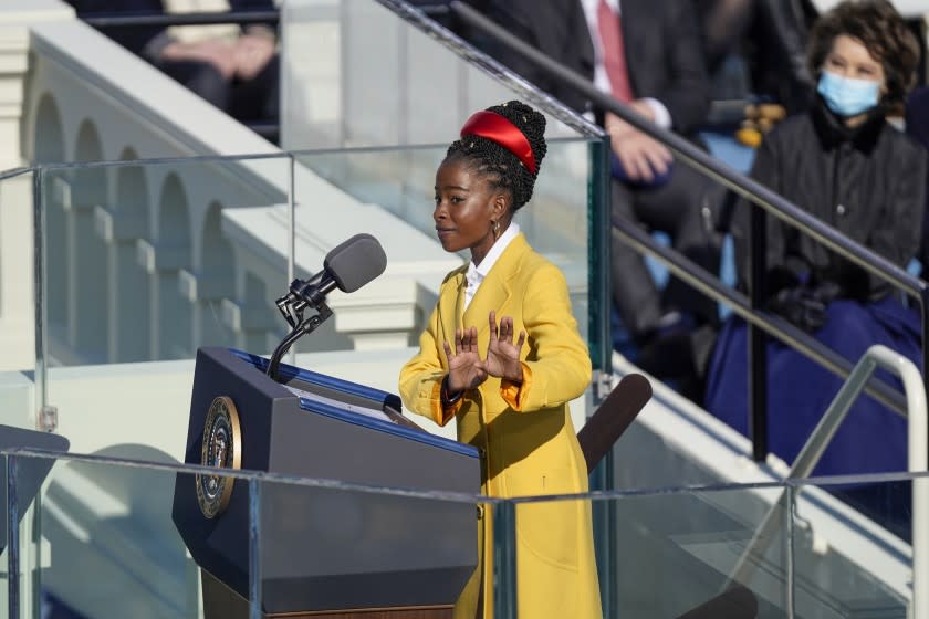 Washington , DC - January 20: U.S. Poet Laureate Amanda Gorman reads a poem during the 59th presidential inauguration in Washington, D.C. on Wednesday, Jan. 20, 2021. (Kent Nishimura / Los Angeles Times)