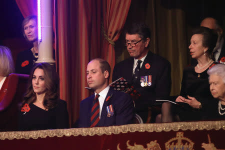 Britain's Prince William, Duke of Cambridge, Catherine, Duchess of Cambridge, Princess Anne, Princess Royal and Vice Admiral Sir Tim Laurence attend the Royal British Legion Festival of Remembrance to commemorate all those who have lost their lives in conflicts and mark 100 years since the end of the First World War, at the Royal Albert Hall, London, Britain November 10, 2018. Chris Jackson/Pool via REUTERS