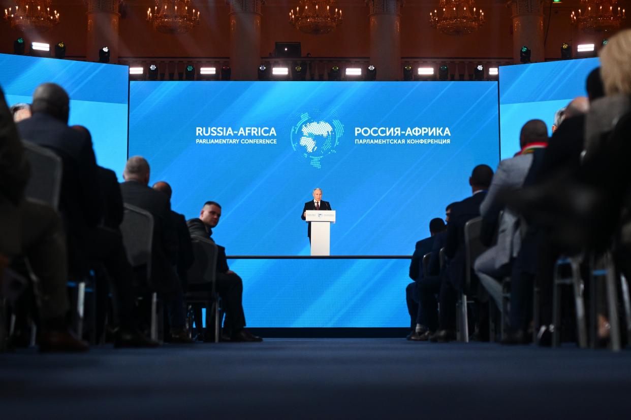 Russian President Vladimir Putin speaks at the 2nd Russia-Africa International Parliamentary Conference in Moscow, Russia, Monday, March 20, 2023. (Vladimir Astapkovich, Sputnik, Kremlin Pool Photo via AP)