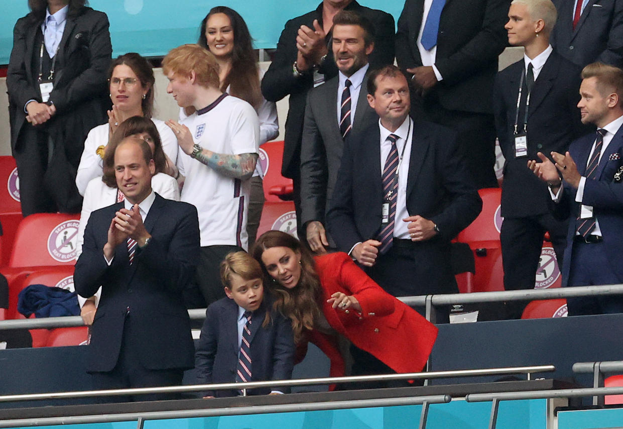 LONDON, ENGLAND - JUNE 29: Prince William, President of the Football Association along with Catherine, Duchess of Cambridge with their son Prince George after the UEFA Euro 2020 Championship Round of 16 match between England and Germany at Wembley Stadium on June 29, 2021 in London, England. (Photo by Carl Recine - Pool/Getty Images)