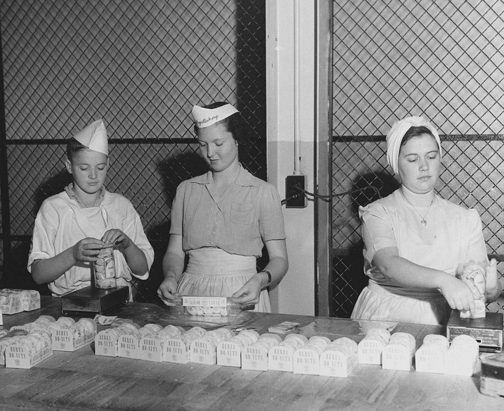 Students packing 'Berea Do-nuts', earning additional funds at Berea College in Berea, Kentucky, USA, circa 1950