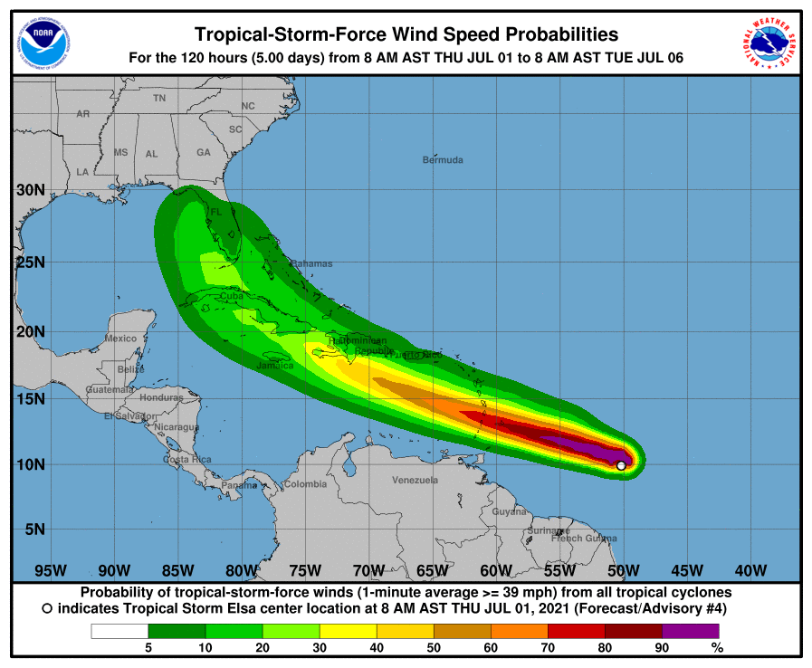 Weather map titled Tropical-Storm-Force Wind Speed Probabilities showing Tropical Storm Elsa over Florida and the Caribbean