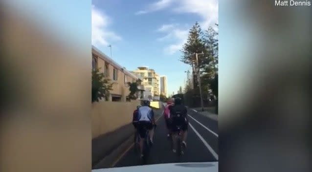 Cyclists have been filmed riding on a one-way street on the Gold Coast despite having a cycling lane next to them. Photo: Matt Dennis