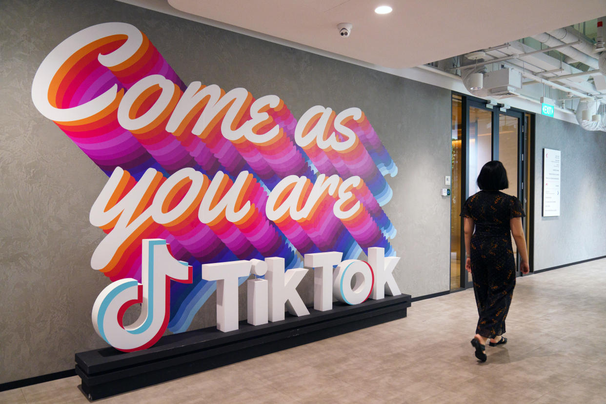 Signage at the TikTok Inc. offices in Singapore, on Friday, Aug. 4, 2023. (Photographer: Ore Huiying/Bloomberg)