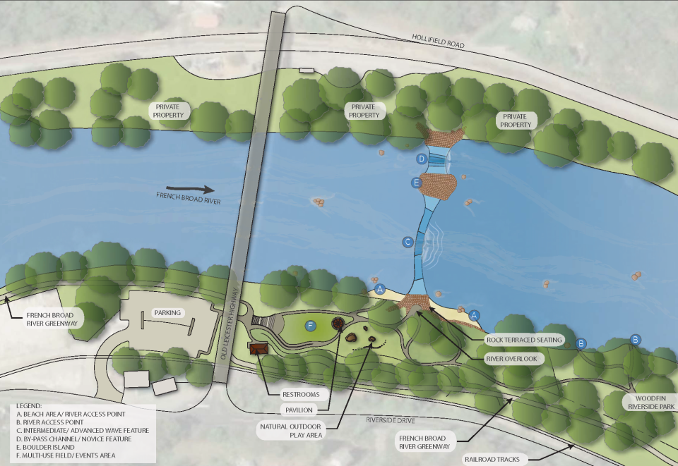 This rendering by S2O Design and Engineering shows where the future Whitewater Wave will be built across the French Broad River in Woodfin.