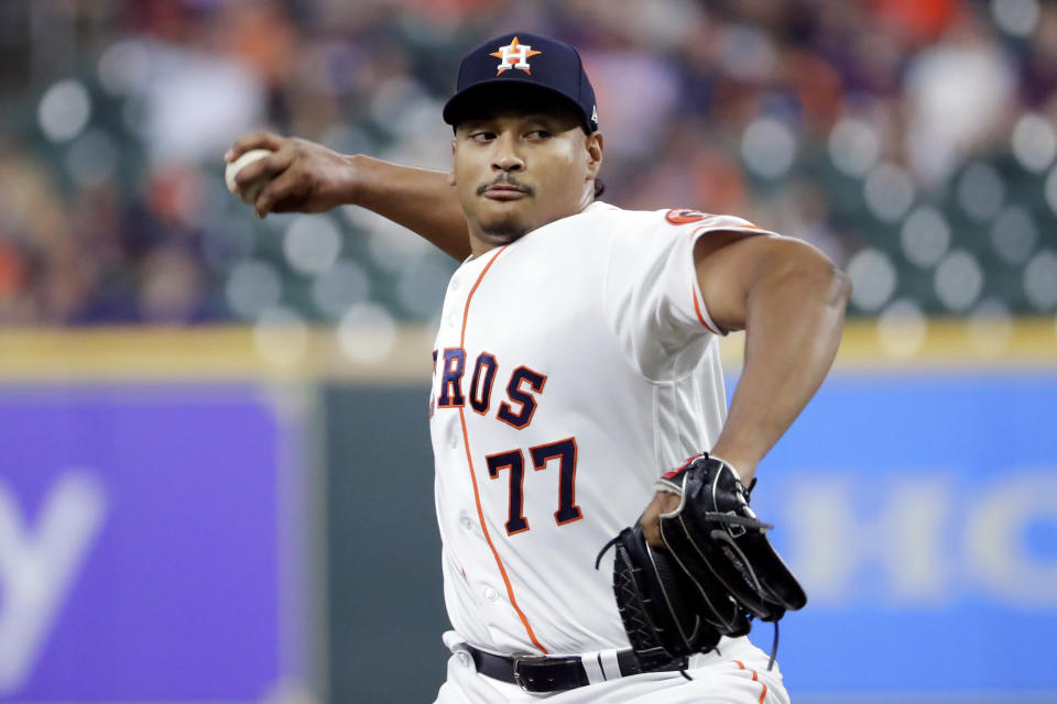 Houston Astros starting pitcher Luis Garcia throws against the Arizona Diamondbacks during the first inning of a baseball game Tuesday, Sept. 27, 2022, in Houston. (AP Photo/Michael Wyke)