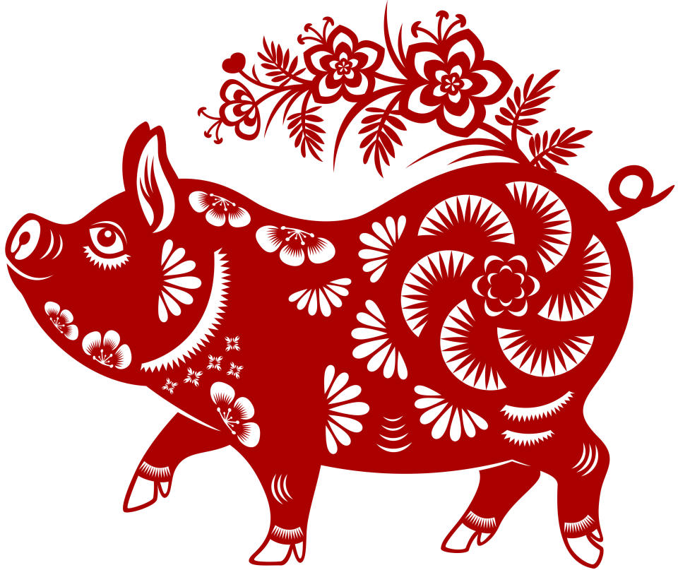 Celebrate the Chinese New Year with red papercut of the Pig. 