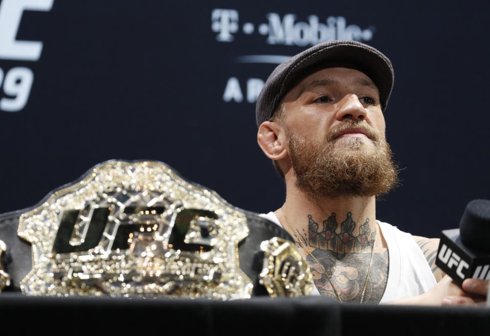 Conor McGregor speaks during a news conference for the UFC 229 mixed martial arts bouts Thursday, Oct. 4, 2018, in Las Vegas. McGregor is scheduled to fight Khabib Nurmagomedov on Saturday in Las Vegas. (AP Photo/John Locher)