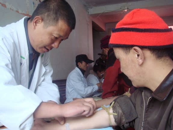 A researcher collects a blood sample from an ethnic Tibetan man participating in a DNA study looking into mutations that allow Tibetans to live at high altitudes.