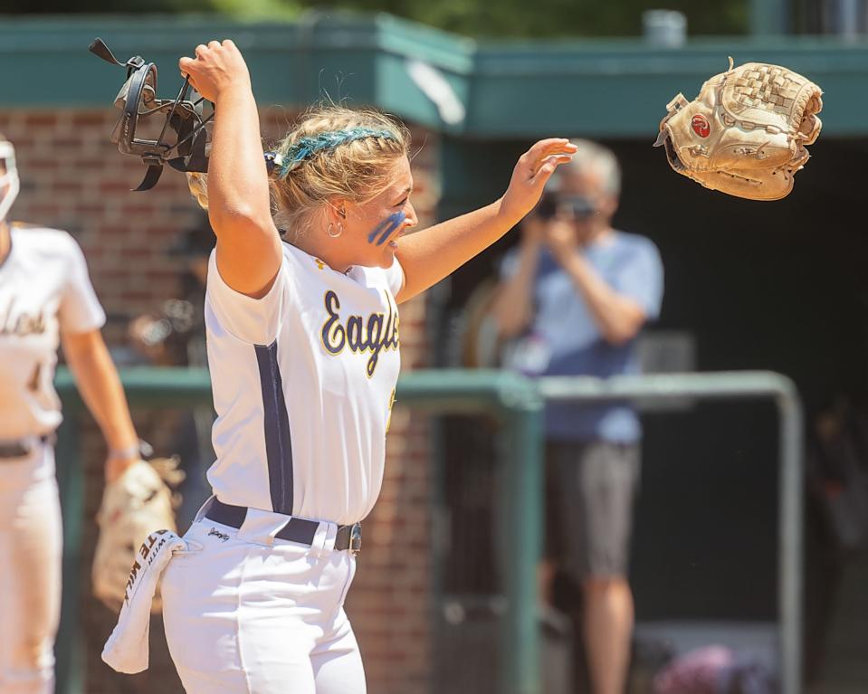 Hartland pitcher Kylie Swierkos reacts after getting the final out in the state Division 1 softball championship game Saturday, June 17, 2023 at Michigan State University.