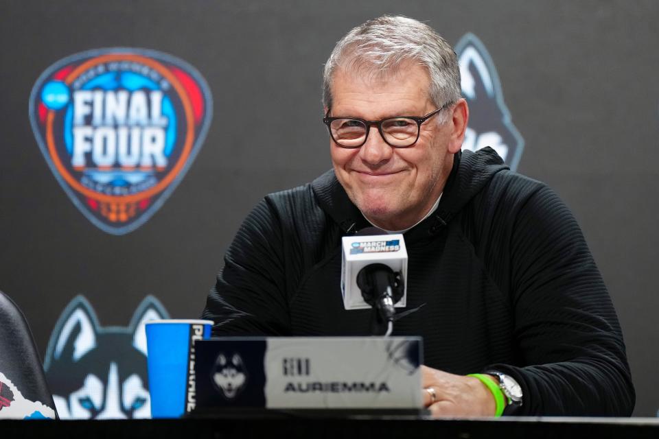 Apr 4, 2024; Cleveland, OH, USA; UConn Huskies coach Geno Auriemma during press conference at Rocket Mortgage FieldHouse. Mandatory Credit: Kirby Lee-USA TODAY Sports