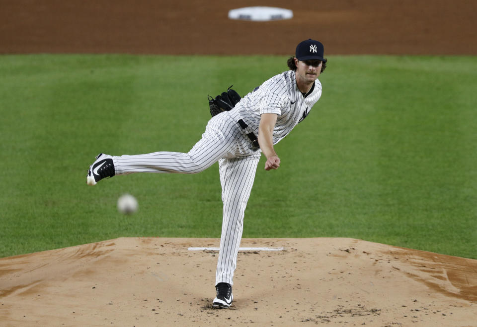 NEW YORK, NEW YORK - SEPTEMBER 16: (NEW YORK DAILIES OUT)  Gerrit Cole #45 of the New York Yankees in action against the Toronto Blue Jays at Yankee Stadium on September 16, 2020 in New York City. The Yankees defeated the Blue Jays 13-2. (Photo by Jim McIsaac/Getty Images)