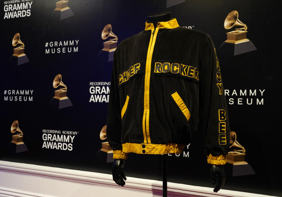 A jacket that was worn by hip hop musician Chief Rocker Busy Bee is displayed in preparation for the exhibit "Hip-Hop America: The Mixtape," at the Grammy Museum, Friday, Sept. 1, 2023, in Los Angeles. The Grammy Museum announced on Wednesday that it is launching the exhibit, celebrating 50 years of the genre. It will open on October 7 and run until September 4, 2024. (AP Photo/Chris Pizzello)