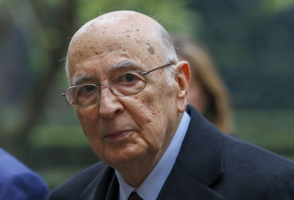 FILE - Italian President Giorgio Napolitano arrives for a ceremony to celebrate the anniversary of the 1929 Lateran Treaty (Patti Lateranensi) and the 1984 revision of the Concordat between Italy and Vatican, at the Italian Embassy to the Holy See in Rome, Tuesday, Feb. 18, 2014. Giorgio Napolitano, the first former Communist to rise to Italy’s top job — president of the Republic — and the first president to be re-elected, has died Friday, Sept. 22, 2023. He was 98. (AP Photo/Riccardo De Luca, File)