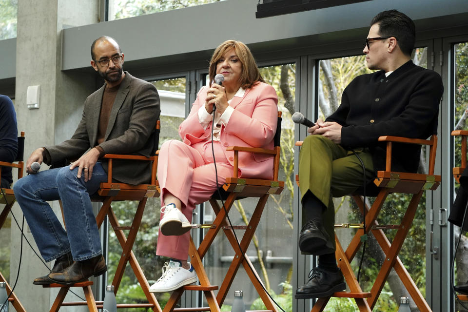 From left, nominee Nate Moore, Gail Berman and Jonathan Wang speaks at the 34th Annual Breakfast with the PGA Awards Nominees at Skirball Cultural Center on Saturday, Feb. 25, 2023 in Los Angeles. (Photo by Jordan Strauss/Invision for Producers Guild of America/AP Images)