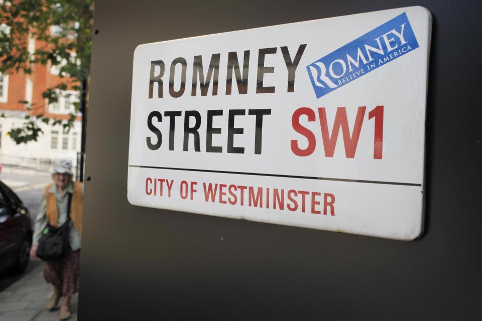 A campaign sticker for Republican presidential candidate, former Massachusetts Gov. Mitt Romney is seen on a street sign for Romney Street in London, Wednesday, July 25, 2012, as Romney arrives in London to meet with world leaders, hold fundraisers, and attend the opening of the Olympic games. (AP Photo/Charles Dharapak)