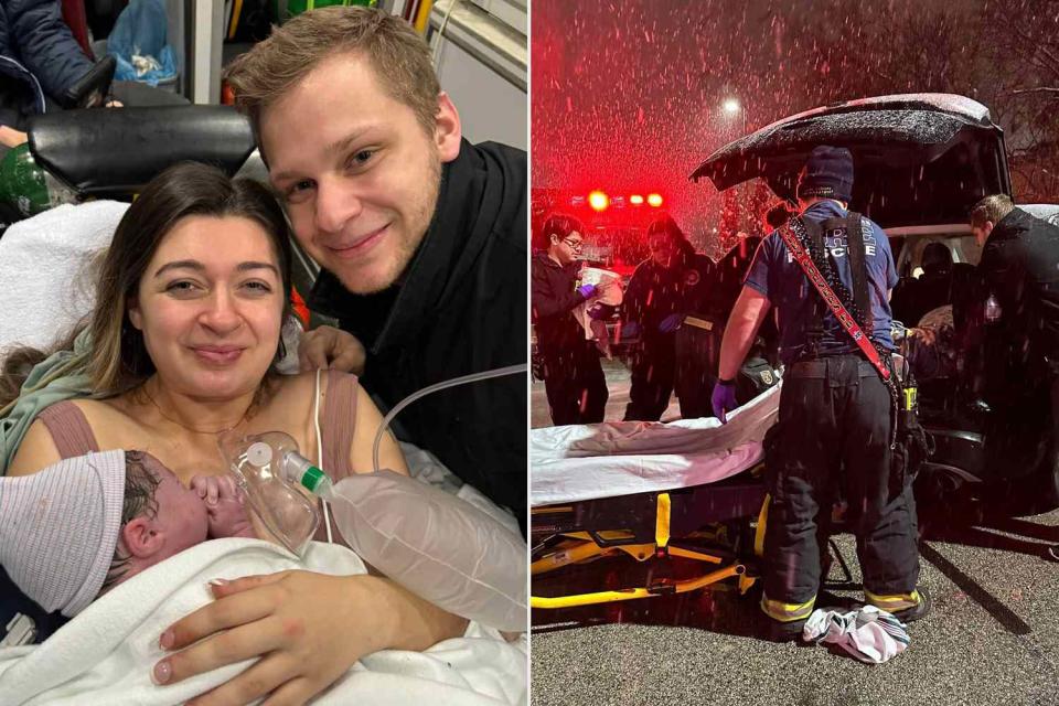 <p>Analysia Beck/Facebook</p> Analysia Beck (left) holding baby Micah, alongside husband Daniel Beck, after she gave birth in her trunk in Wisconsin in January (right).