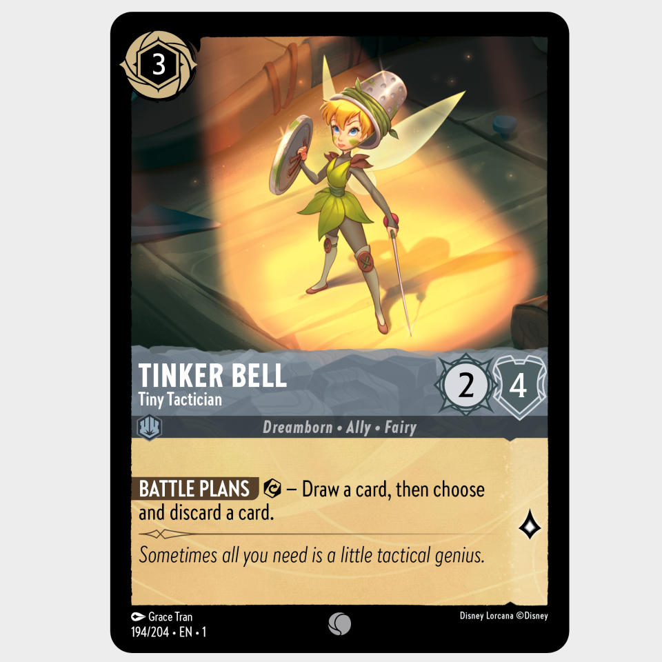The Tinker Bell - Tiny Tactician card from Disney Lorcana on a plain background