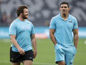 Argentina's Pablo Matera, right, and Julian Montoya walk on the field prior to their Tri-Nations rugby union match against Australia in Sydney, Australia, Saturday, Dec. 5, 2020. (AP Photo/Rick Rycroft)