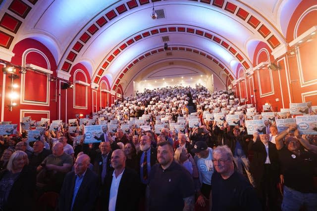 The audience listens to Reform UK leader Nigel Farage speaking at Princes Theatre in Clacton