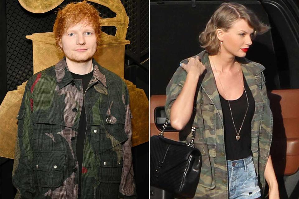<p>Lester Cohen/Getty; RMBI/AKM-GSI/Backgrid</p> Ed Sheeran wores camouflage suit at 2024 Grammys