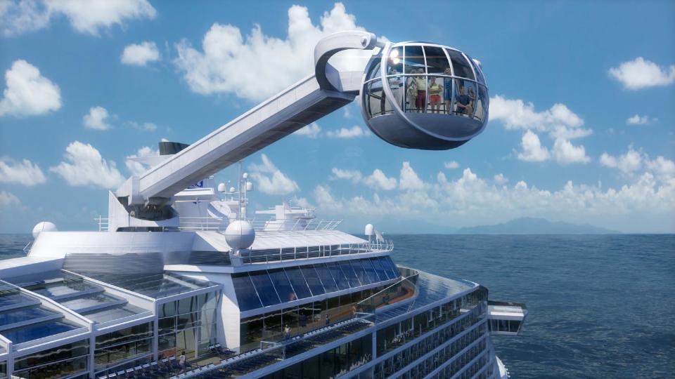 This computer-generated image provided by the Royal Caribbean International cruise line shows its forthcoming ship, Quantum of the Seas. The ship will offer a number of innovative features that are the first-ever for the cruise industry, including The North Star, an observation capsule on a movable arm that will offer a bird’s eye view from 300 feet above the water. The ship is expected to launch in November 2014 and will homeport from Bayonne, N.J. (AP Photo/Royal Caribbean International)