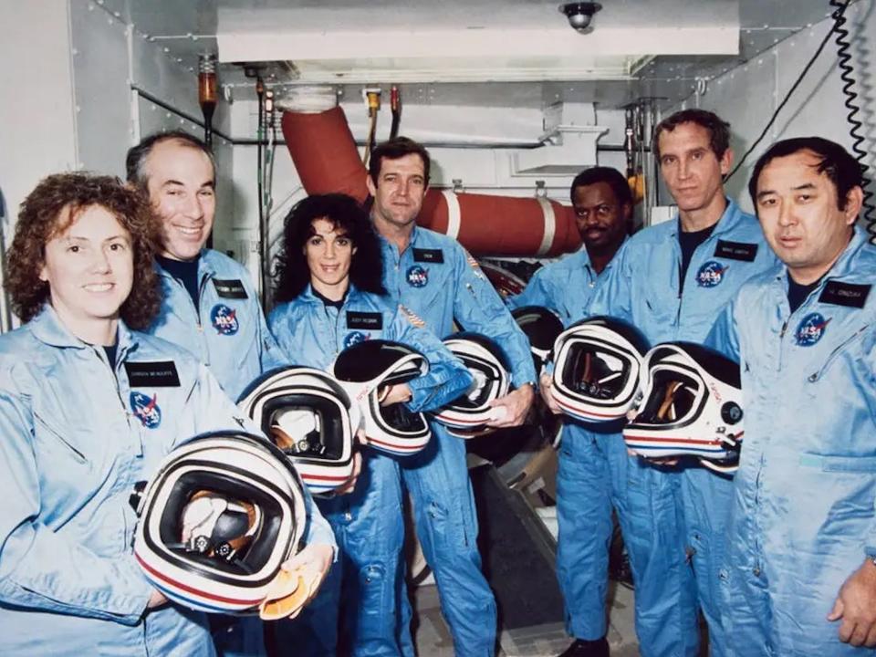 The Challenger Crew (L-R): Christa McAuliffe, Gregory Jarvis, Judith Resnik, Dick Scobee, Ronald McNair, Michael J. Smith, and Ellison Onizuka.