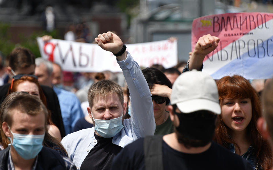 VLADIVOSTOK, RUSSIA - JULY 18, 2020: Citizens hold a rally in support of Khabarovsk Territory Governor Furgal recently taken into police custody over allegations of involvement in murders. Yuri Smityuk/TASS (Photo by Yuri Smityuk\TASS via Getty Images)