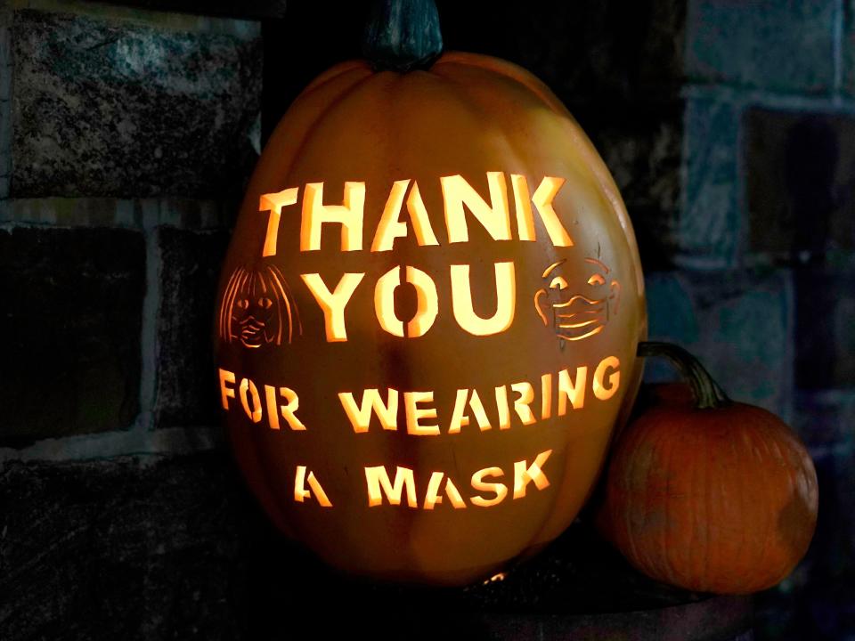 A pumpkin that reads "Thank you for wearing a mask" at the Great Jack OLantern Blaze in Croton-on-Hudson, New York on October 22, 2020,.