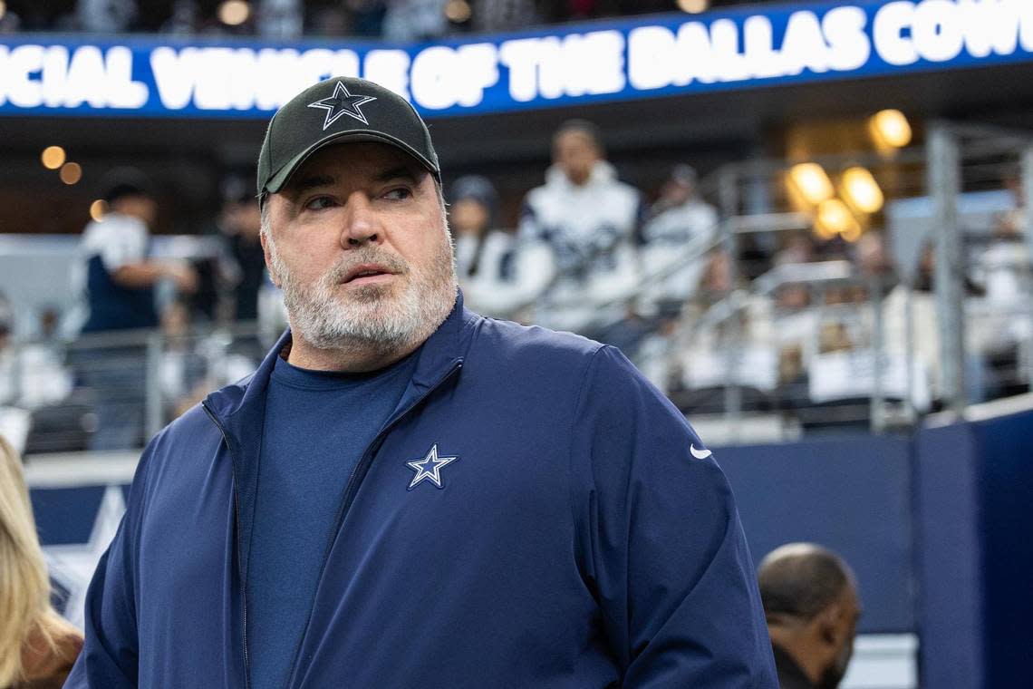 Cowboys Head Coach Mike McCarthy walks on to the field during warm ups prior to the NFC Wild Card game between the Dallas Cowboys and the Green Bay Packers at AT&T Stadium in Arlington on Sunday, Jan. 14, 2024.