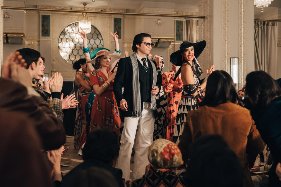 Daniel Brühl as Karl Lagerfeld in a Chloé fashion show scene from "Becoming Karl Lagerfeld"