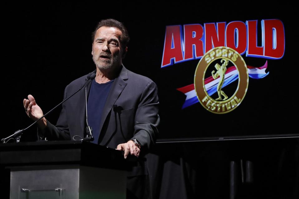 During the Arnold Classic in 2020, Arnold Schwarzenegger addresses the audience during the finals.