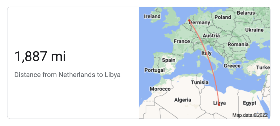 a map with a line from The Netherlands to Libya showing the distance is 1,887 miles