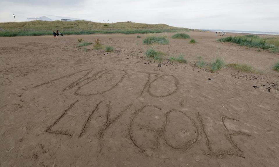 ‘No to LIV Golf’ written on the beach at St Andrews during the 2022 Open