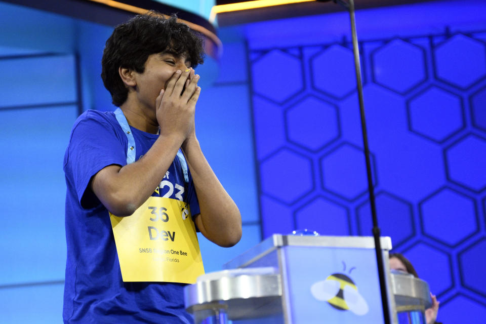 Dev Shah, 14, from Largo, Fla., reacts as he wins the Scripps National Spelling Bee finals, Thursday, June 1, 2023, in Oxon Hill, Md. (AP Photo/Nick Wass)