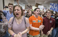 <p>Students chant protest slogans outside the Florida House of Representatives chamber inside the Florida Capitol in Tallahassee, Fla., Feb 21, 2018. (Photo: Mark Wallheiser/AP) </p>