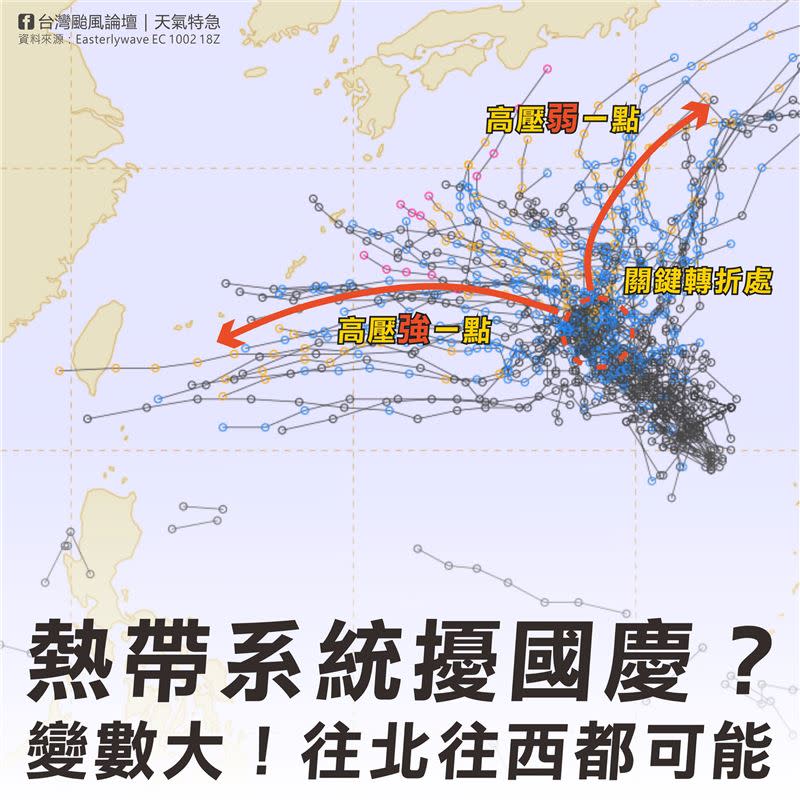 關島西北方海面上的熱帶擾動恐怕成為颱風，替國慶連假天氣增添變數。（圖／翻攝自「台灣颱風論壇｜天氣特急」粉專）