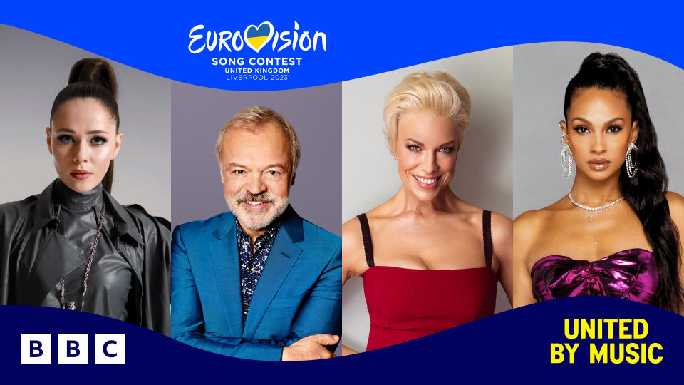 Julia Sanina, Graham Norton, Hannah Waddingham, and Alesha Dixon will host the Grand Final of Eurovision 2023. (BBC)