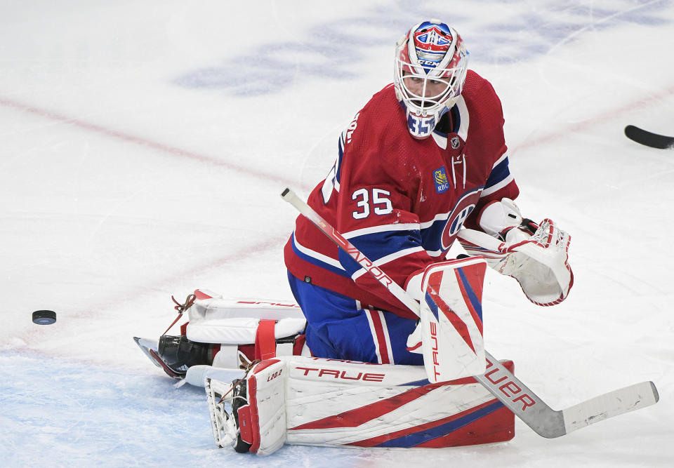 Montreal Canadiens goaltender Sam Montembeault looks back after giving up a goal to Florida Panthers' Matthew Tkachuk during the second period of an NHL hockey game Thursday, March 30, 2023, in Montreal. (Graham Hughes/The Canadian Press via AP)