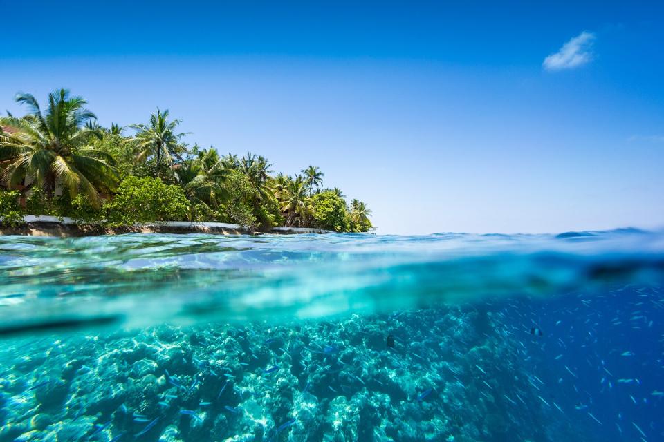 Maldives half underwater, deep blue