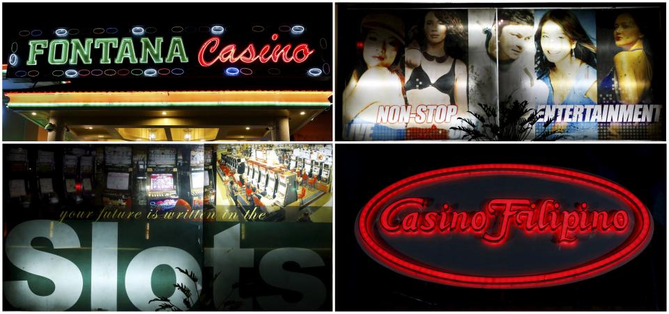 Neon signs at government-owned Fontana Casino and Casino Filipino are pictured in Angeles city, north of Manila, Philippines, in this combination picture taken May 22, 2015. The Philippines has emerged as one of Asia's hottest gambling hubs after it launched its 120-hectare (1.2 square km) gaming and leisure enclave called Entertainment City in the capital, modeled on the Las Vegas strip. When paying your final respects for a relative or friend, the last thing you might expect to see at the wake is people placing bets on a card game or bingo. Not in the Philippines. Filipinos, like many Asians, love their gambling. But making wagers on games such as "sakla", the local version of Spanish tarot cards, is particularly common at wakes because the family of the deceased gets a share of the winnings to help cover funeral expenses. Authorities have sought to regulate betting but illegal games persist, with men and women, rich and poor, betting on anything from cockfighting to the Basque hard-rubber ball game of jai-alai, basketball to spider races. Many told Reuters photographer Erik De Castro that gambling is only an entertaining diversion in a country where two-fifths of the population live on $2 a day. But he found that some gamble every day. Casino security personnel told of customers begging to be banned from the premises, while a financier who lends gamblers money at high interest described the dozens of vehicles and wads of land titles given as collateral by those hoping lady luck would bring them riches. REUTERS/Erik De Castro PICTURE 11 OF 29 FOR WIDER IMAGE STORY "HIGH STAKES IN MANILA". SEARCH "BINGO ERIK" FOR ALL IMAGES.