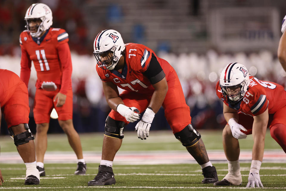 TUCSON, ARIZONA – SEPTEMBER 30: Offensive lineman Jordan Morgan #77 of the Arizona Wildcats during the second half of the NCAAF game at Arizona Stadium on September 30, 2023 in Tucson, Arizona. (Photo by Christian Petersen/Getty Images)