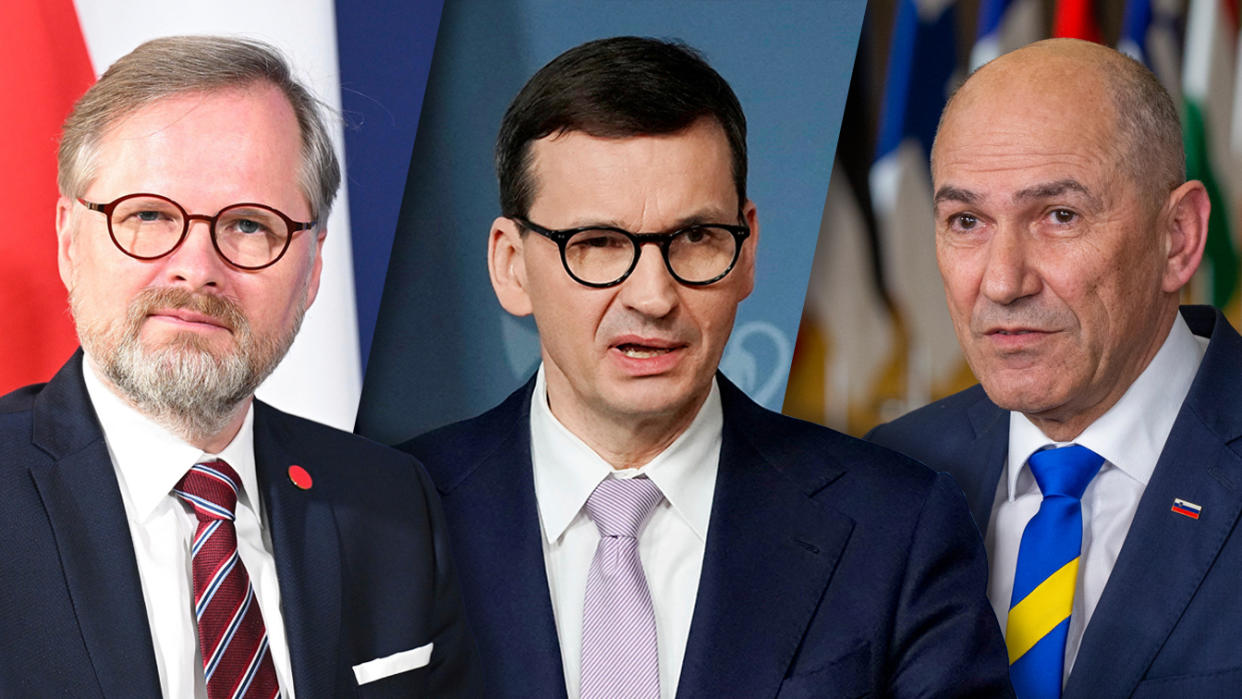 Headshots of Czech Republic Prime Minister Petr Fiala, Polish Prime Minister Mateusz Morawiecki and Slovenian Prime Minister Janez Jansa