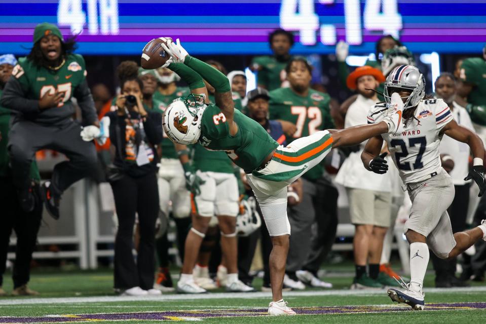 December 16, 2023; Atlanta, GA, USA; Florida A&M Rattlers defensive back Kendall Bohler (3) intercepts a pass against the Howard Bison during the second half at Mercedes-Benz Stadium. Mandatory Photo Credit: Brett Davis-USA TODAY Sports