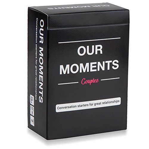 <p><strong>OUR MOMENTS</strong></p><p>amazon.com</p><p><strong>$18.95</strong></p><p><a href="https://www.amazon.com/dp/B078RDNFSC?tag=syn-yahoo-20&ascsubtag=%5Bartid%7C10063.g.34770445%5Bsrc%7Cyahoo-us" rel="nofollow noopener" target="_blank" data-ylk="slk:Shop Now;elm:context_link;itc:0;sec:content-canvas" class="link ">Shop Now</a></p><p>It's true that you'll never know until you ask, which is why you should gift your favorite couple this pack of 100 thought-provoking questions to inspire deeper, unconventional conversations.<br></p>