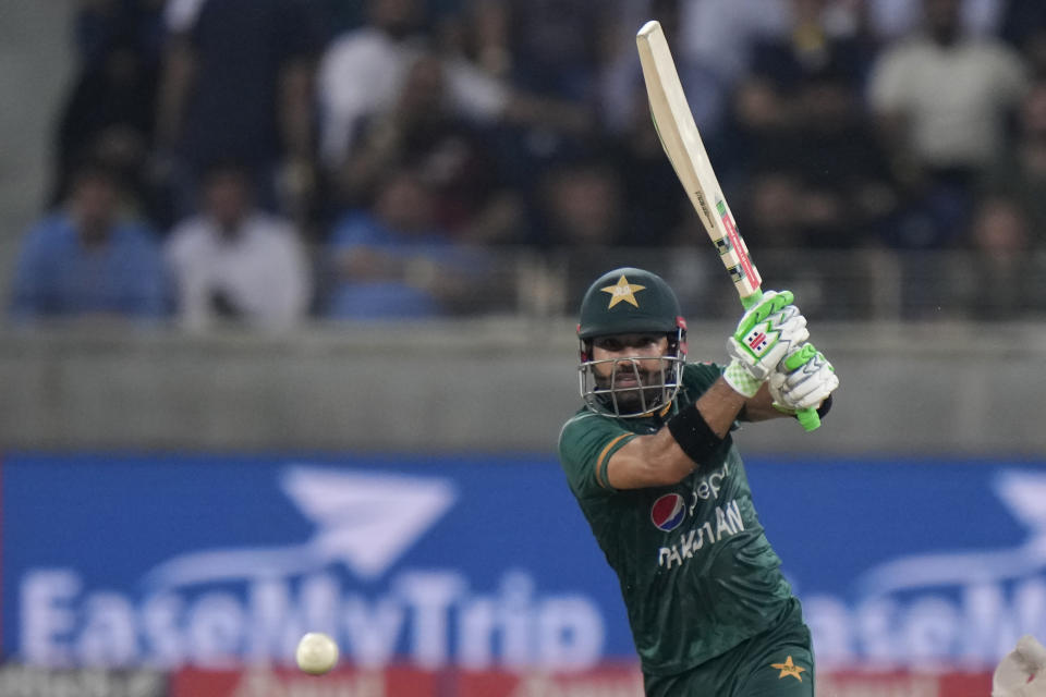 Pakistan's Mohammad Rizwan plays a shot during the T20 cricket Asia Cup final match between Pakistan and Sri Lanka, in Dubai, United Arab Emirates, Sunday, Sept. 11, 2022. (AP Photo/Anjum Naveed)