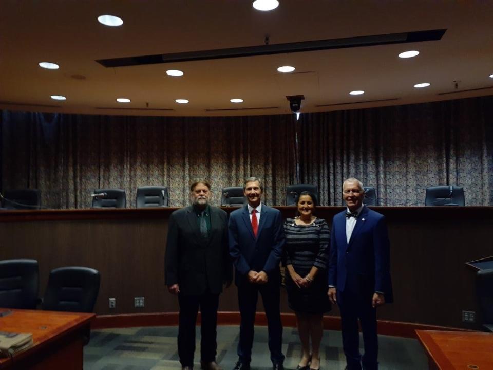 Republican City council members and Mayor Dan Ridenour pose after the four were sworn into office Saturday, Dec. 16. The council, including its majority Demoncratic members, and mayor will tackle issues related to public safety and community growth in year ahead. Pictured lets to right are Council Member Jeff Green, Mayor Dan Ridenour, Council Member Ro Selvey and Council Member Dale Basham.