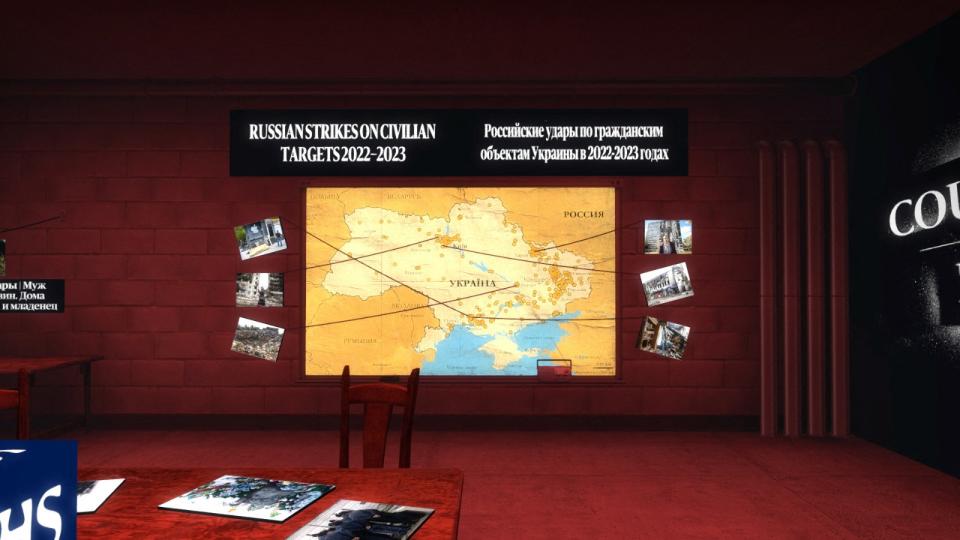 《赫爾辛基日報》在第一人稱射擊遊戲《絕對武力》（CS）裡創建地圖，其中一間密室裡可以看見該報戰地記者對俄烏戰爭的報導。路透社